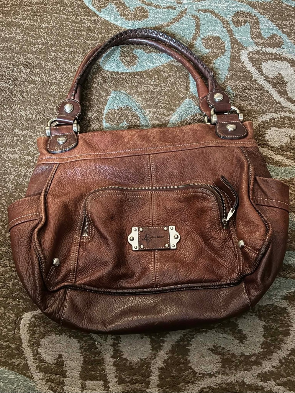 b. makowsky Brown Leather Shoulder Bag with Front Zip Pocket